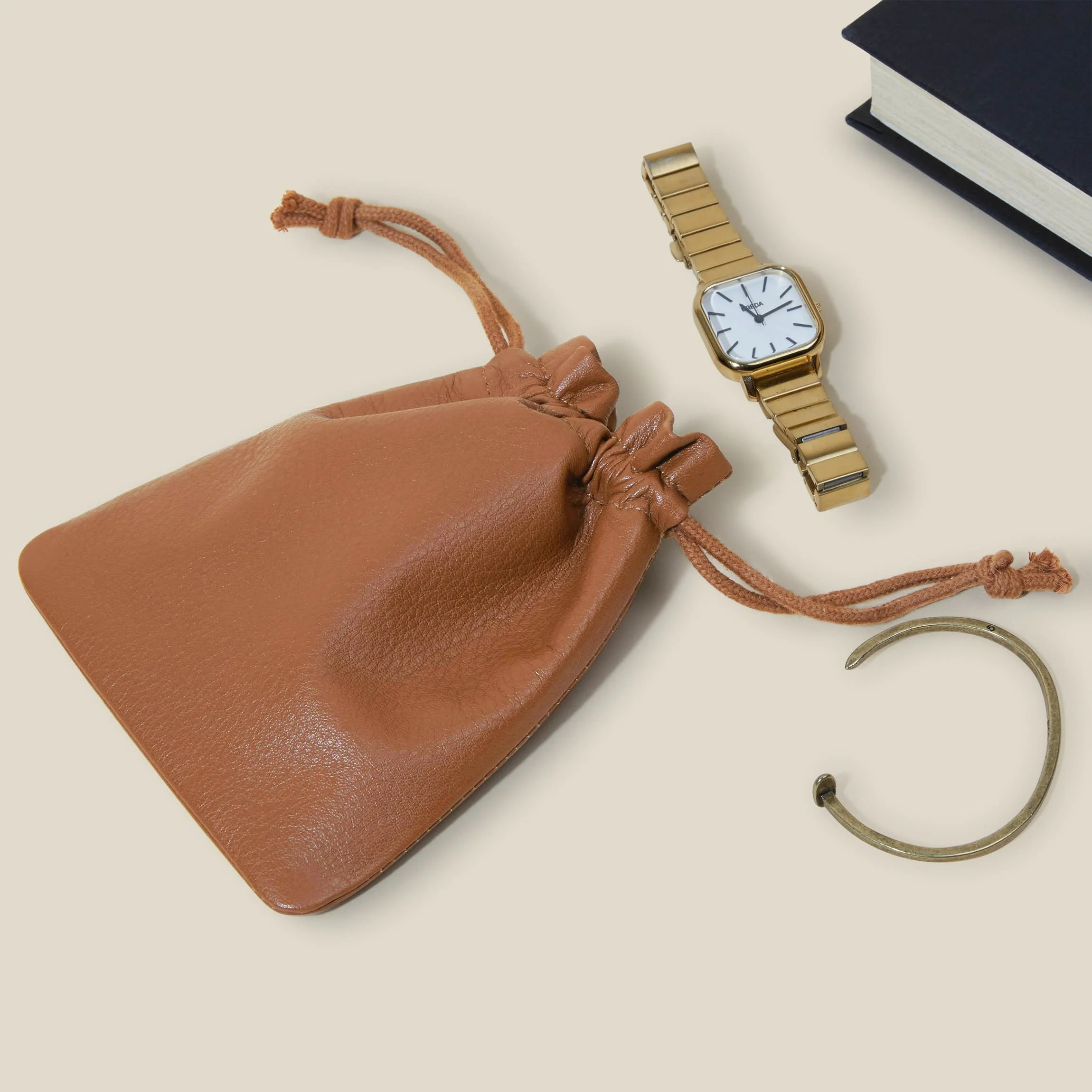 Flat Drawstring Pouch Cognac - Image 2
