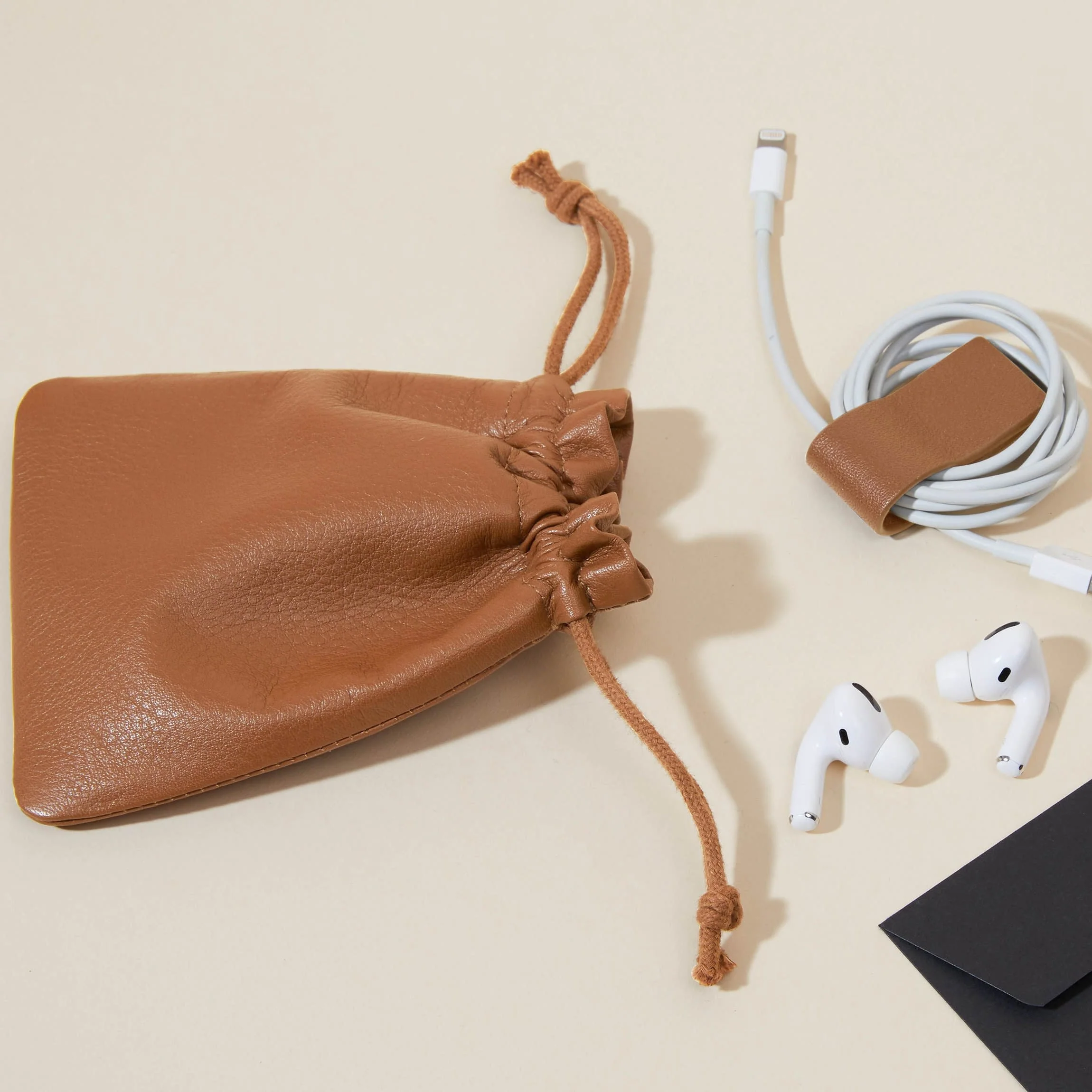 Flat Drawstring Pouch Cognac - Image 3