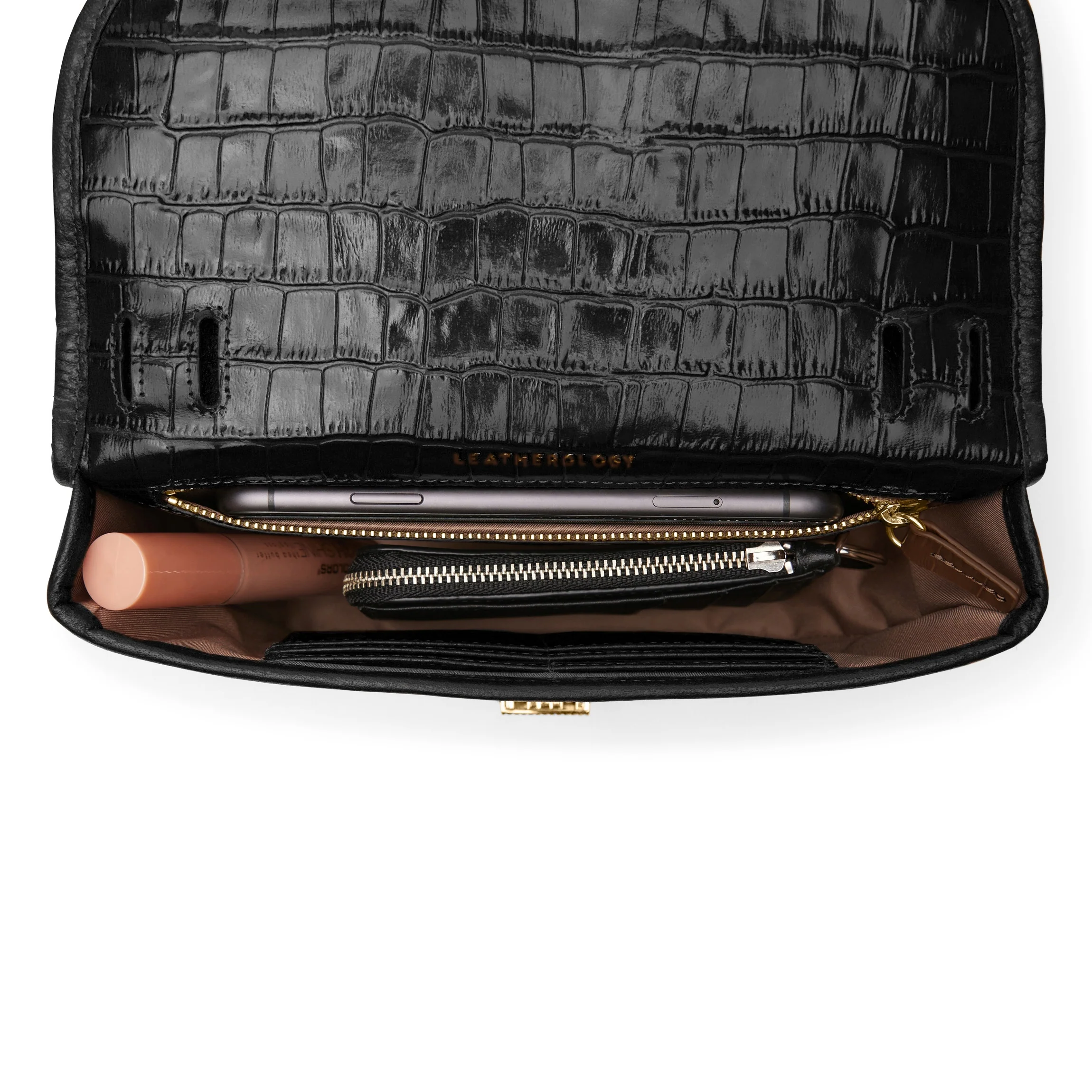 Katy Small Saddle Crossbody Black Croc - Image 5