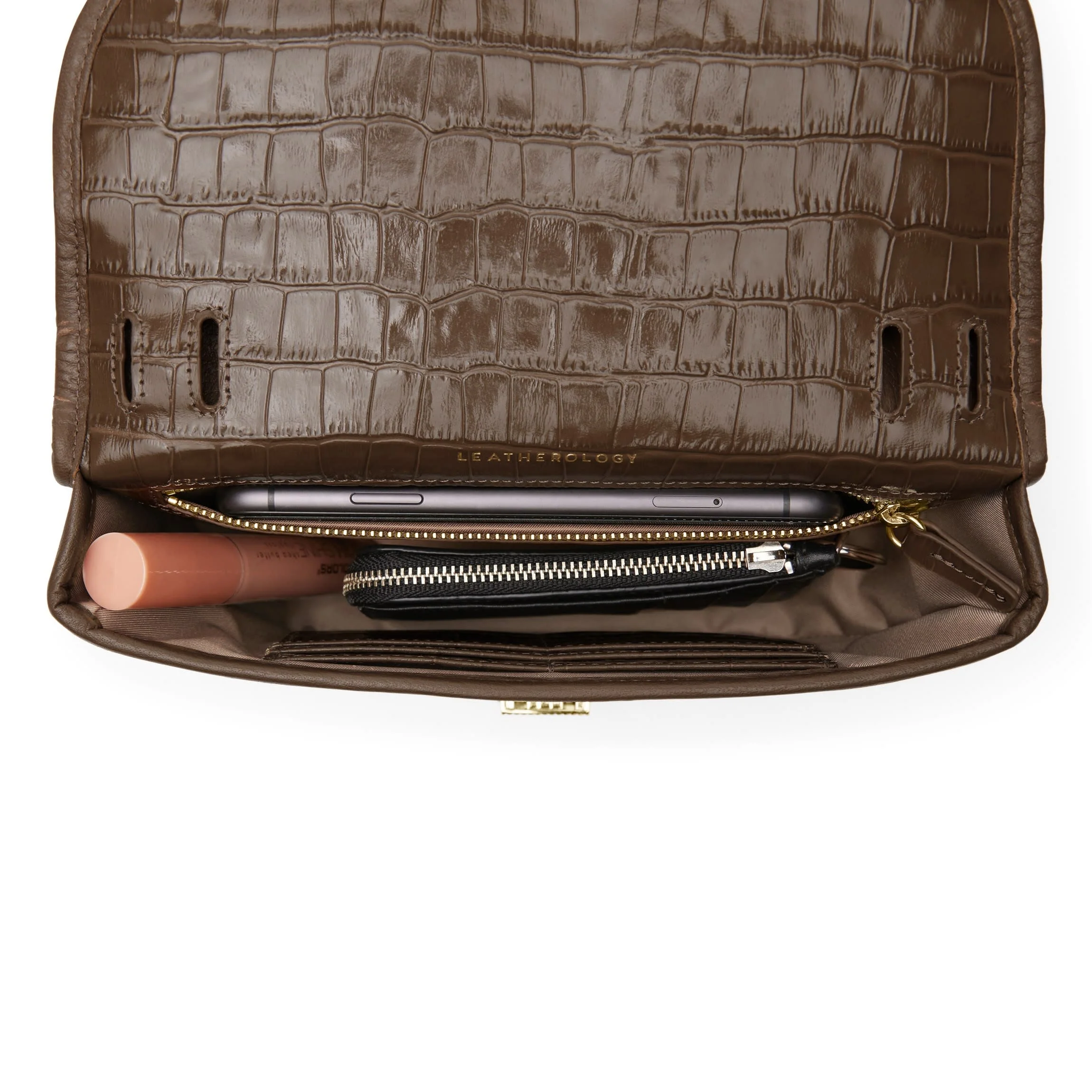 Katy Small Saddle Crossbody Cocoa Croc - Image 5