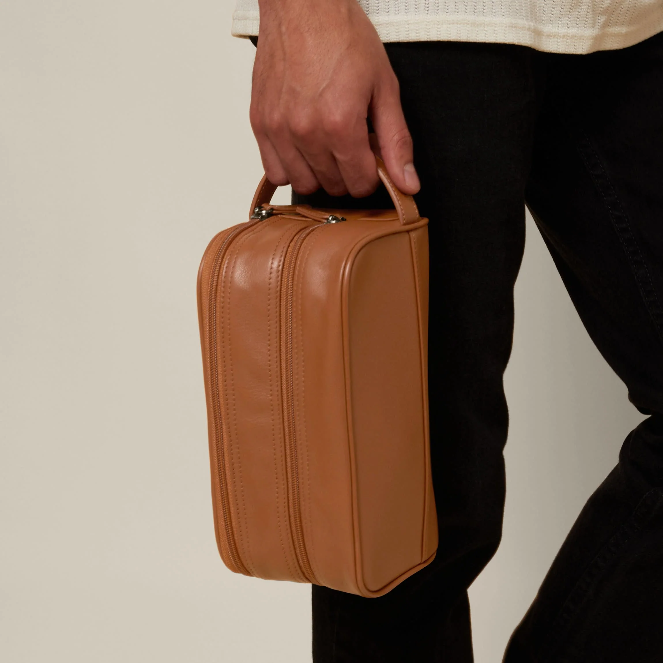 Small Double Zip Toiletry Bag Cognac - Image 7