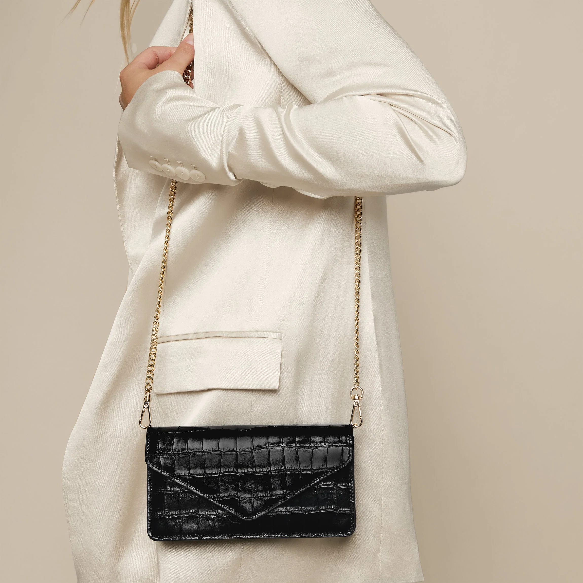 Small Willow Wallet on a Chain Black Croc - Image 3